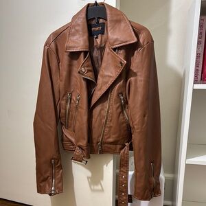 Brown Leather Motorcycle Jacket with Asymmetrical Zipper and Notched Lapel